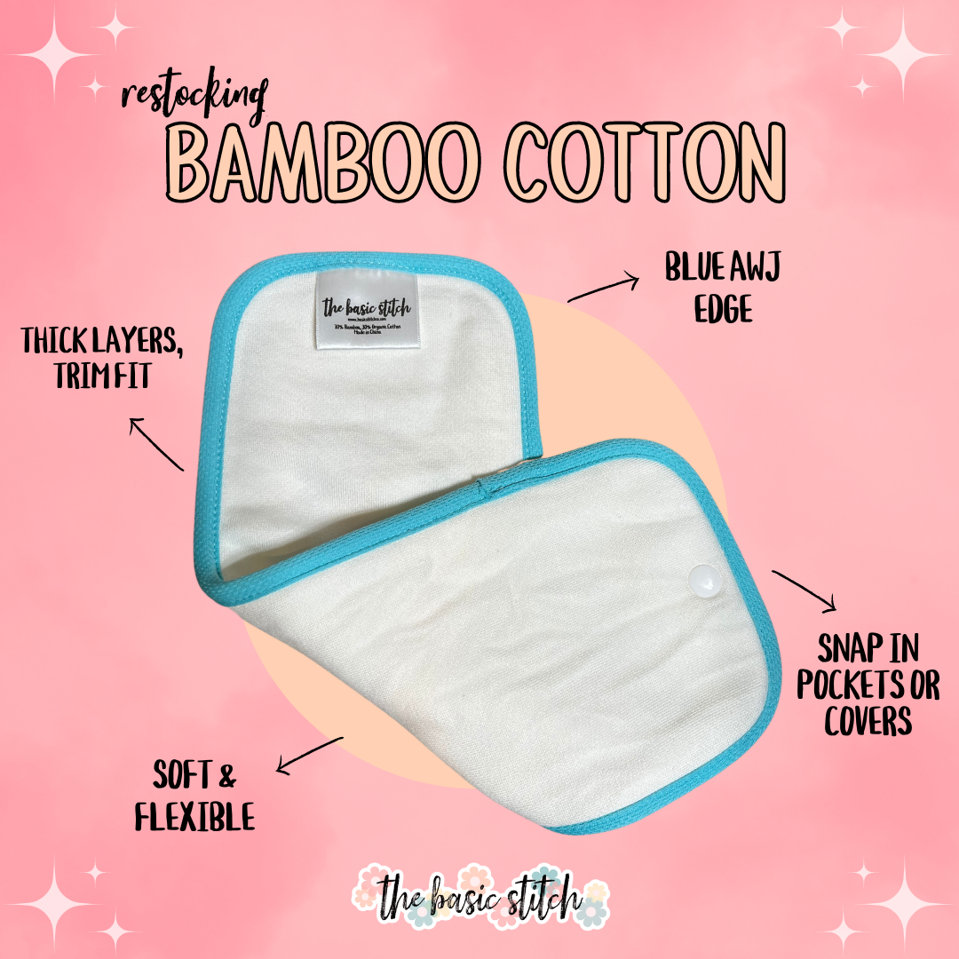 AWJ Edged cotton cloth diaper insert. Restocking Bamboo Cotton. Thick layers, trim fit. Blue AWJ edge, Soft & Flexible, Snap in pockets or covers.